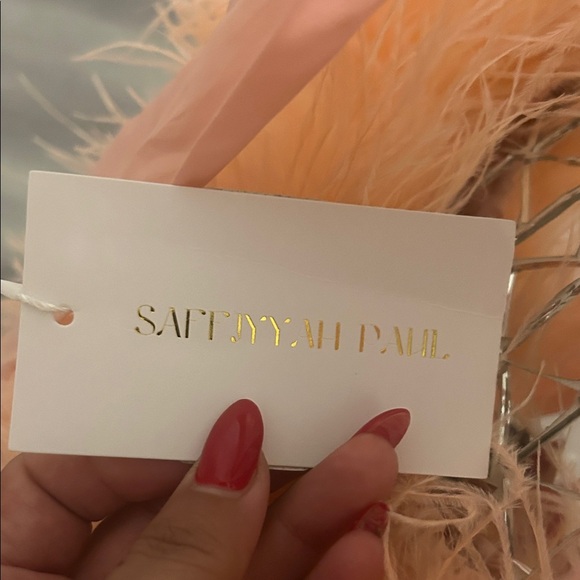 SAFFIYYAH PAUL Ostrich Feather Peach High Neck Open Back Mini Dress M/L - Picture 3 of 16